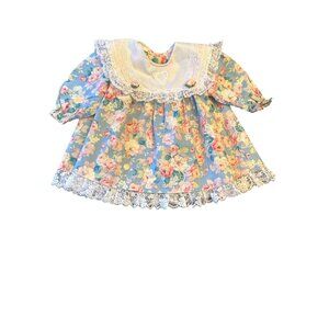 Vintage 80s Baby Dress Sandys Girls Floral Lace Trim Cotton 18 Mo Made In USA